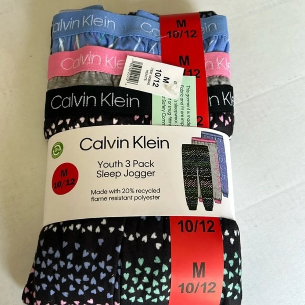 Calvin Klein Youth 3 Pack Sleep Jogger Hearts Pajama Pants Black Blue Grey 10/12